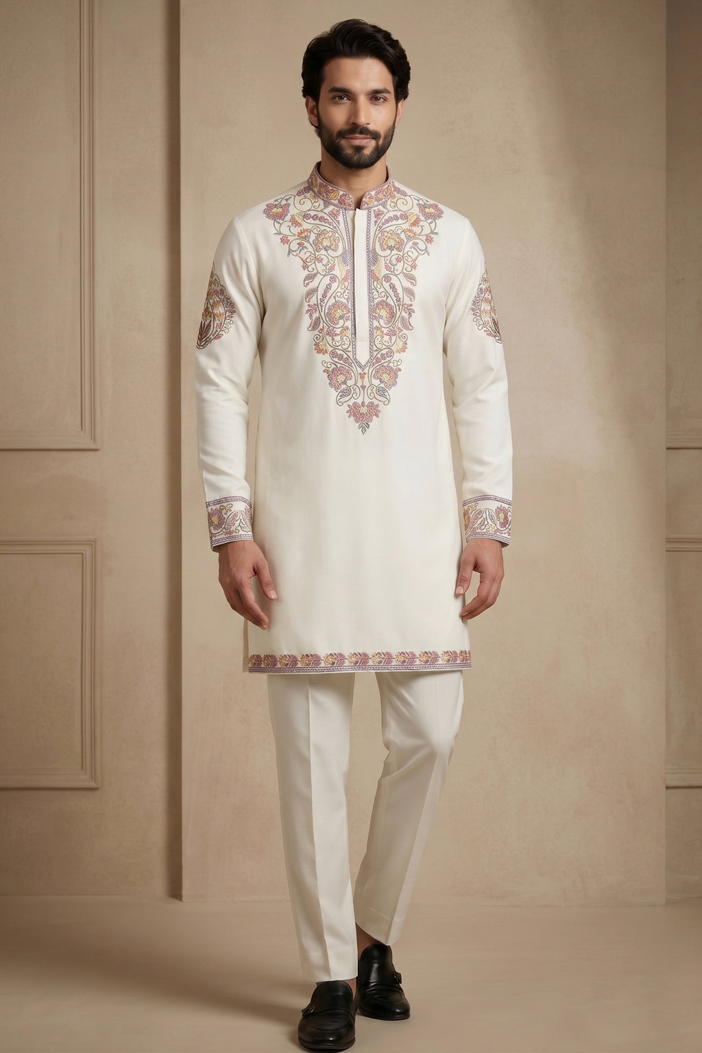 Pearl White Silk Embroidered Kurta Set