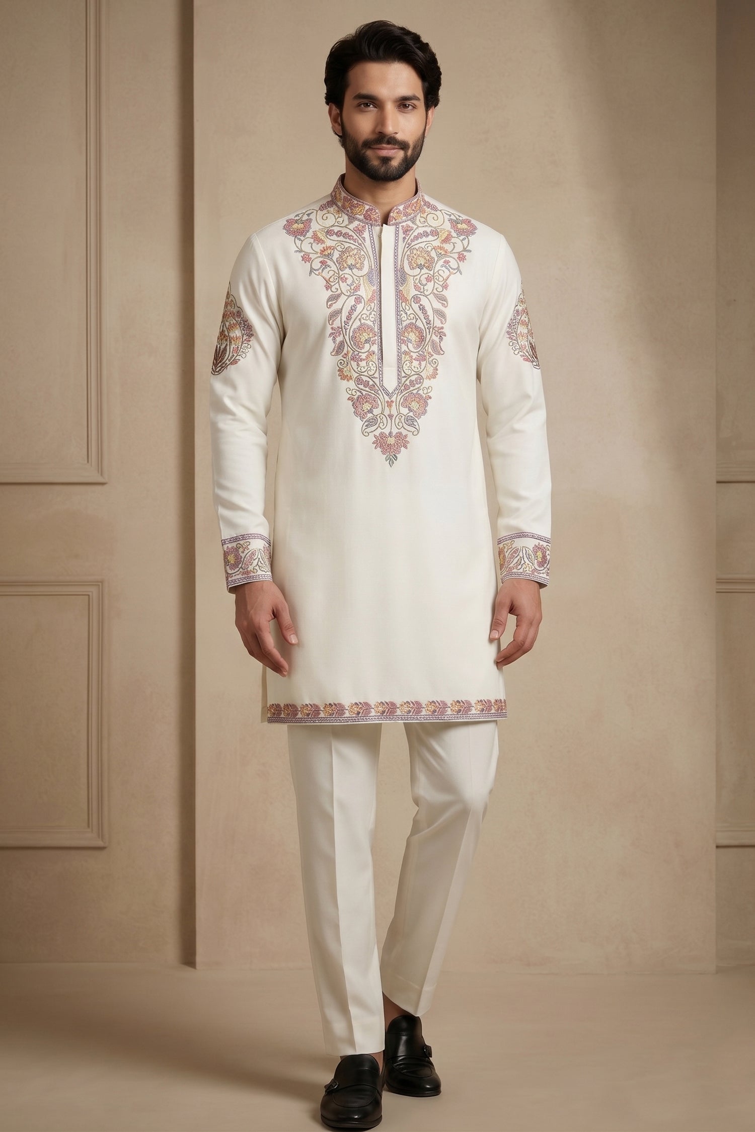 Pearl White Silk Embroidered Kurta Set
