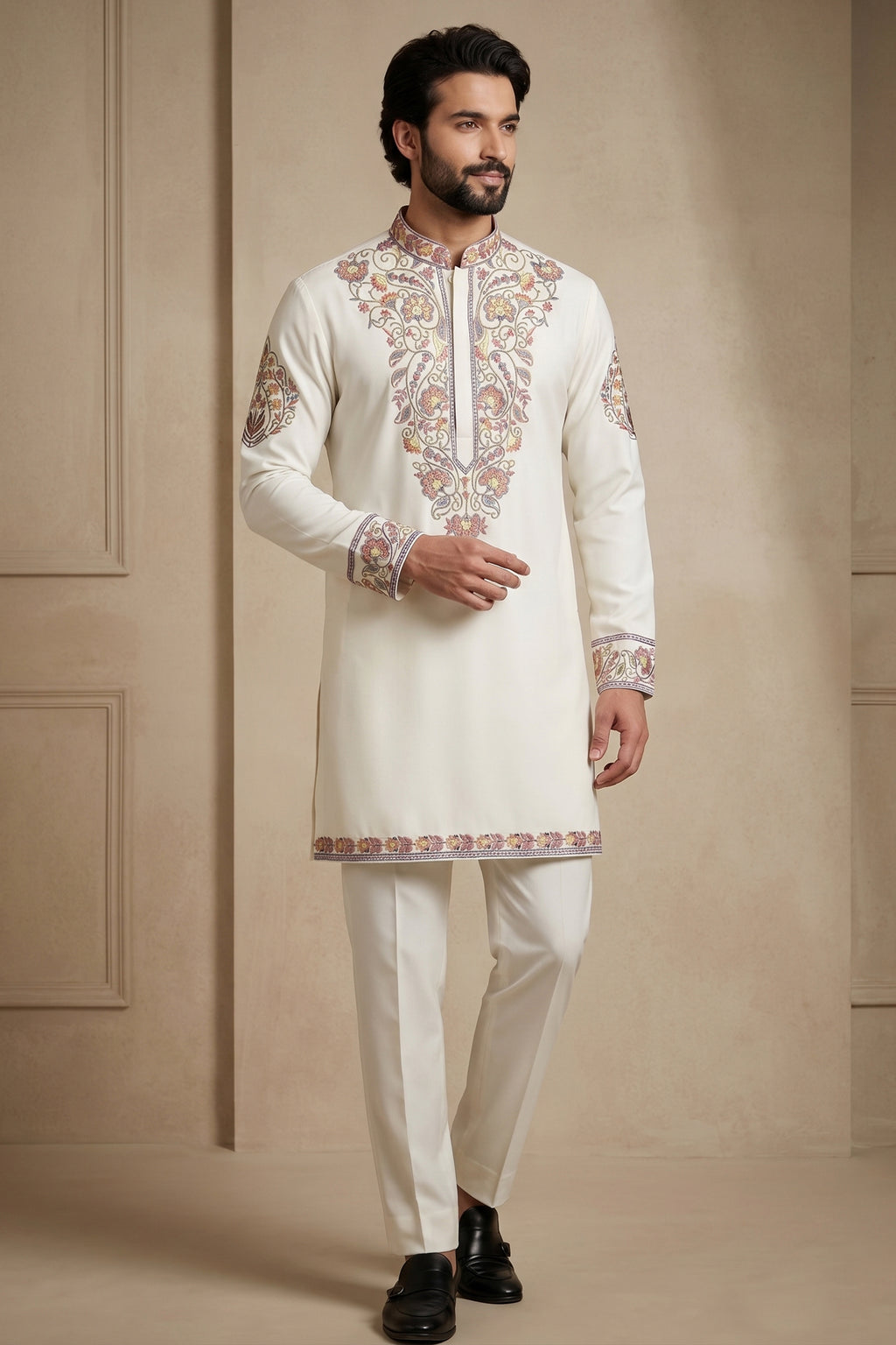 Pearl White Silk Embroidered Kurta Set