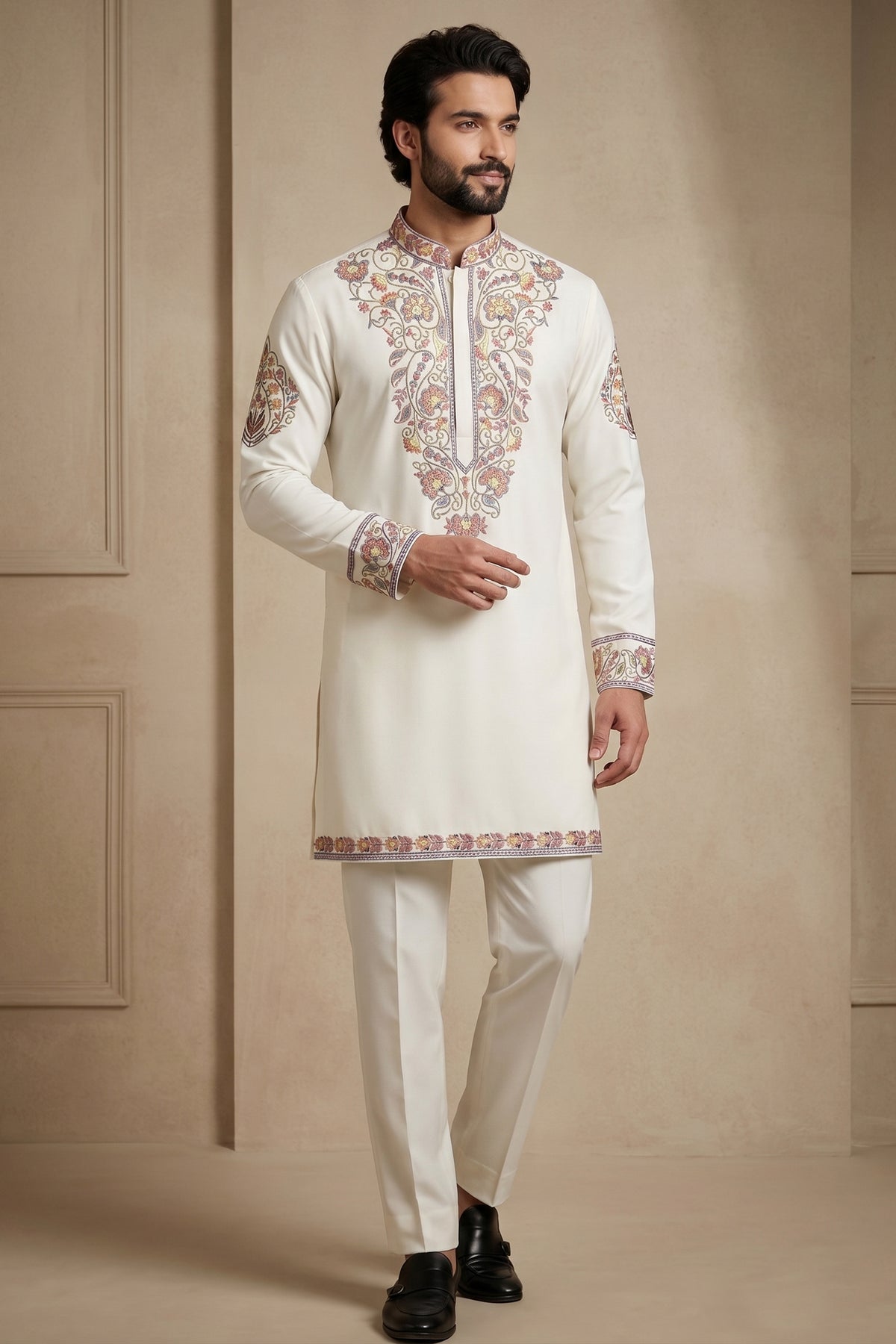Pearl White Silk Embroidered Kurta Set