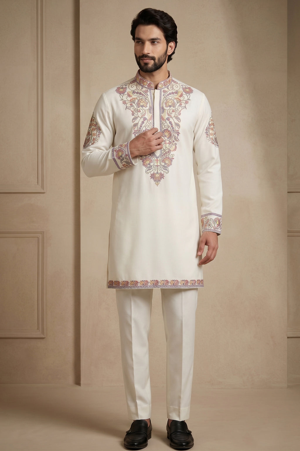 Pearl White Silk Embroidered Kurta Set