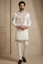 Pearl White Silk Embroidered Kurta Set