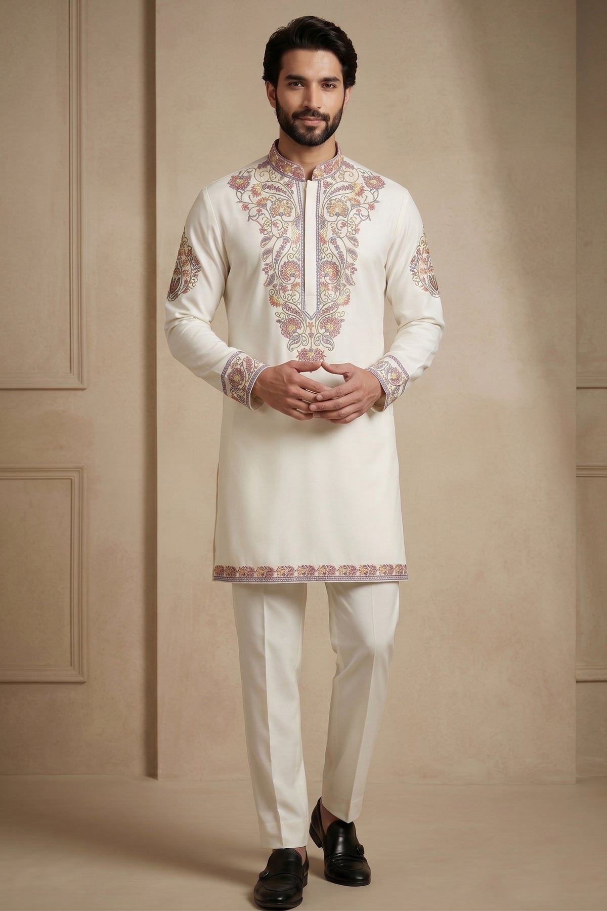 Pearl White Silk Embroidered Kurta Set