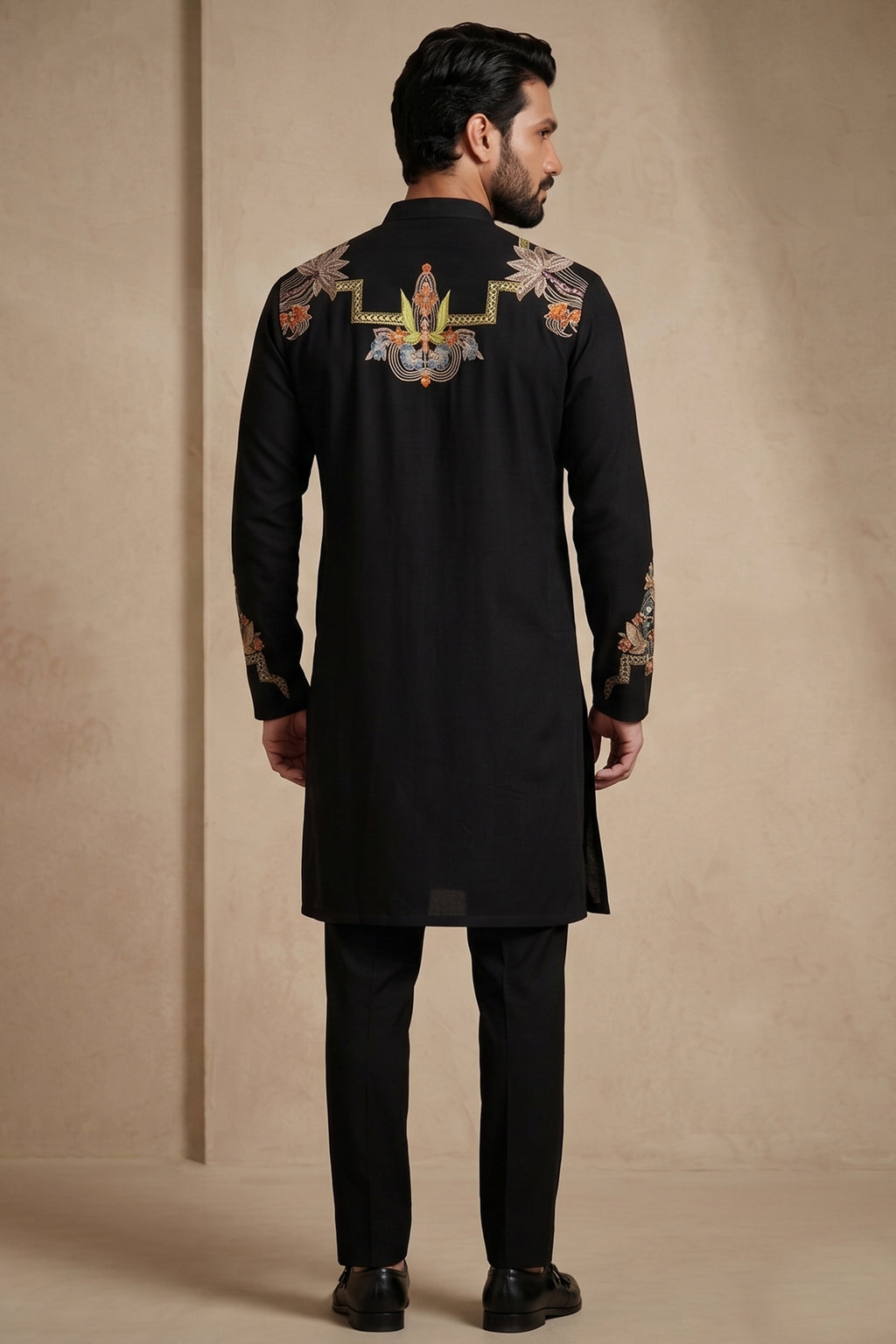 Black Silk Embroidered Kurta Set