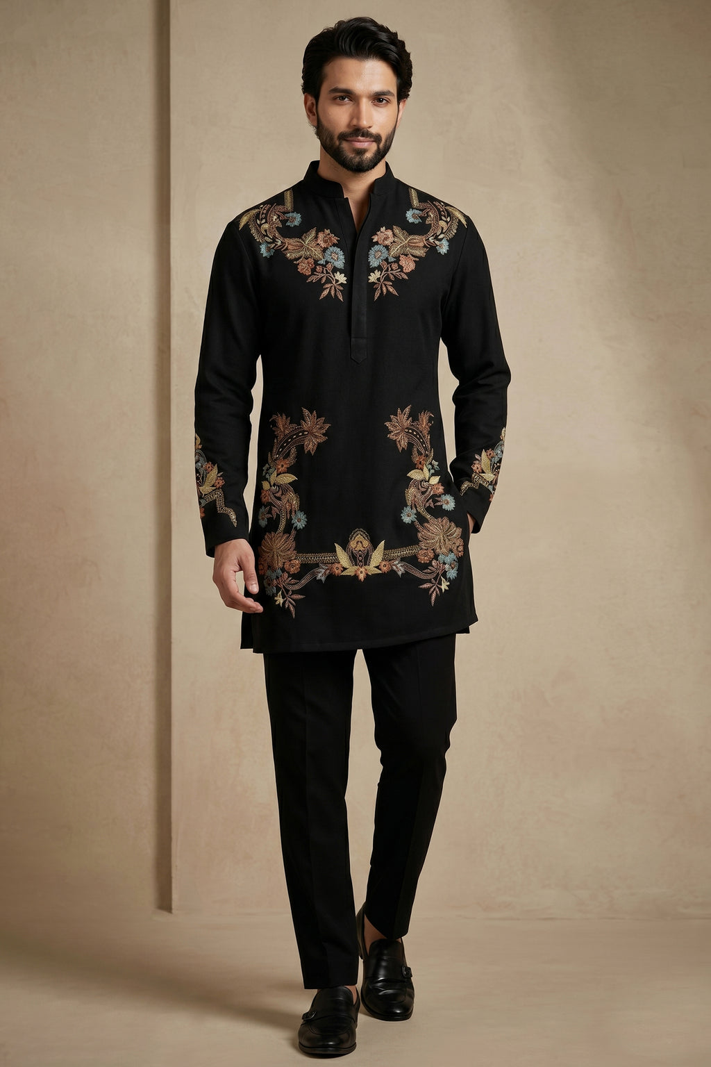 Black Silk Embroidered Kurta Set