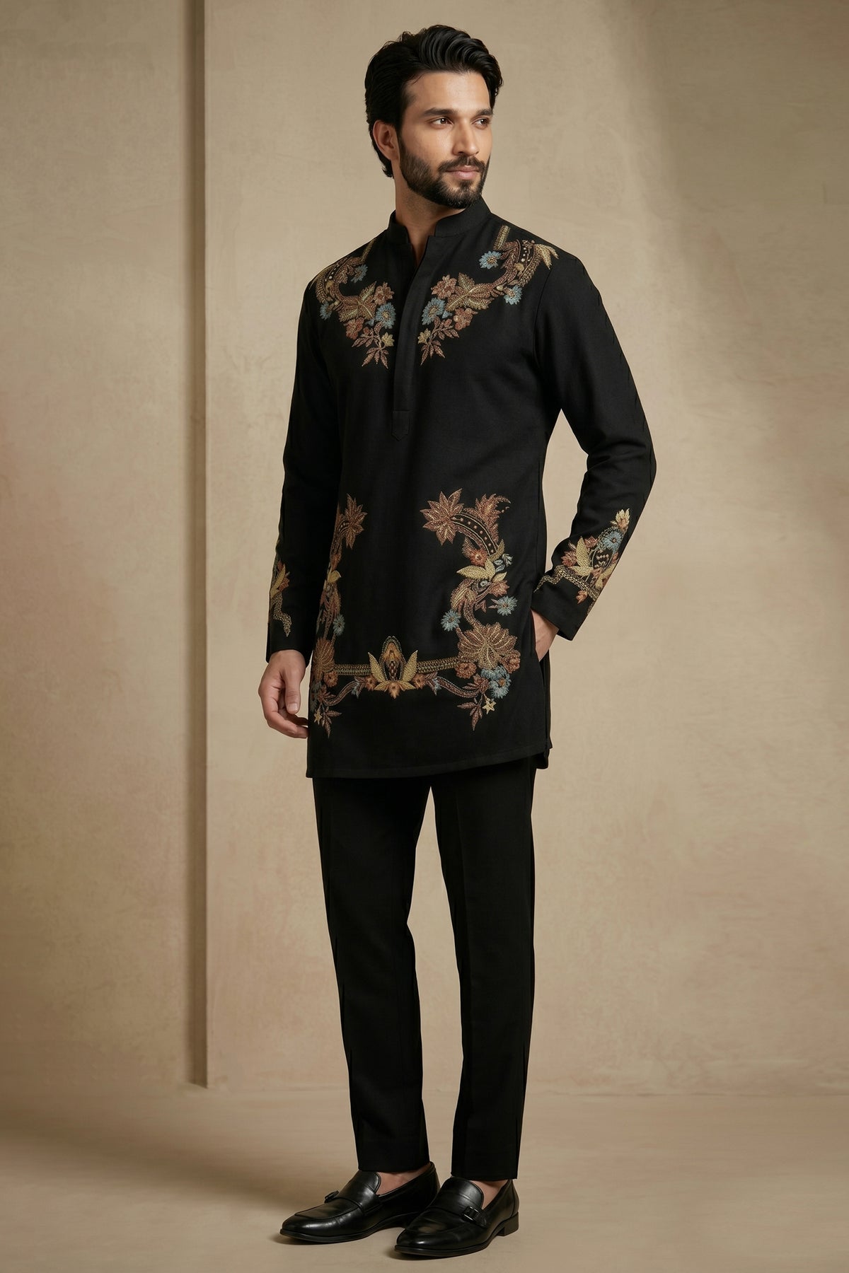 Black Silk Embroidered Kurta Set