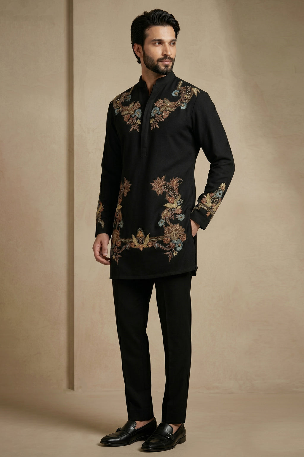 Black Silk Embroidered Kurta Set