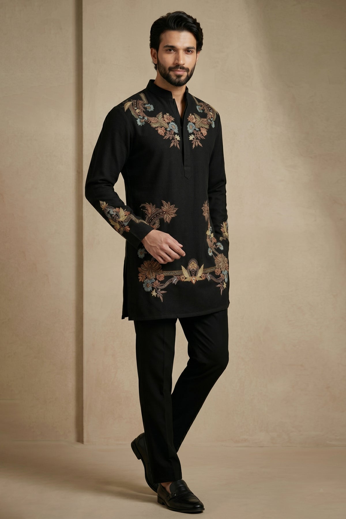 Black Silk Embroidered Kurta Set