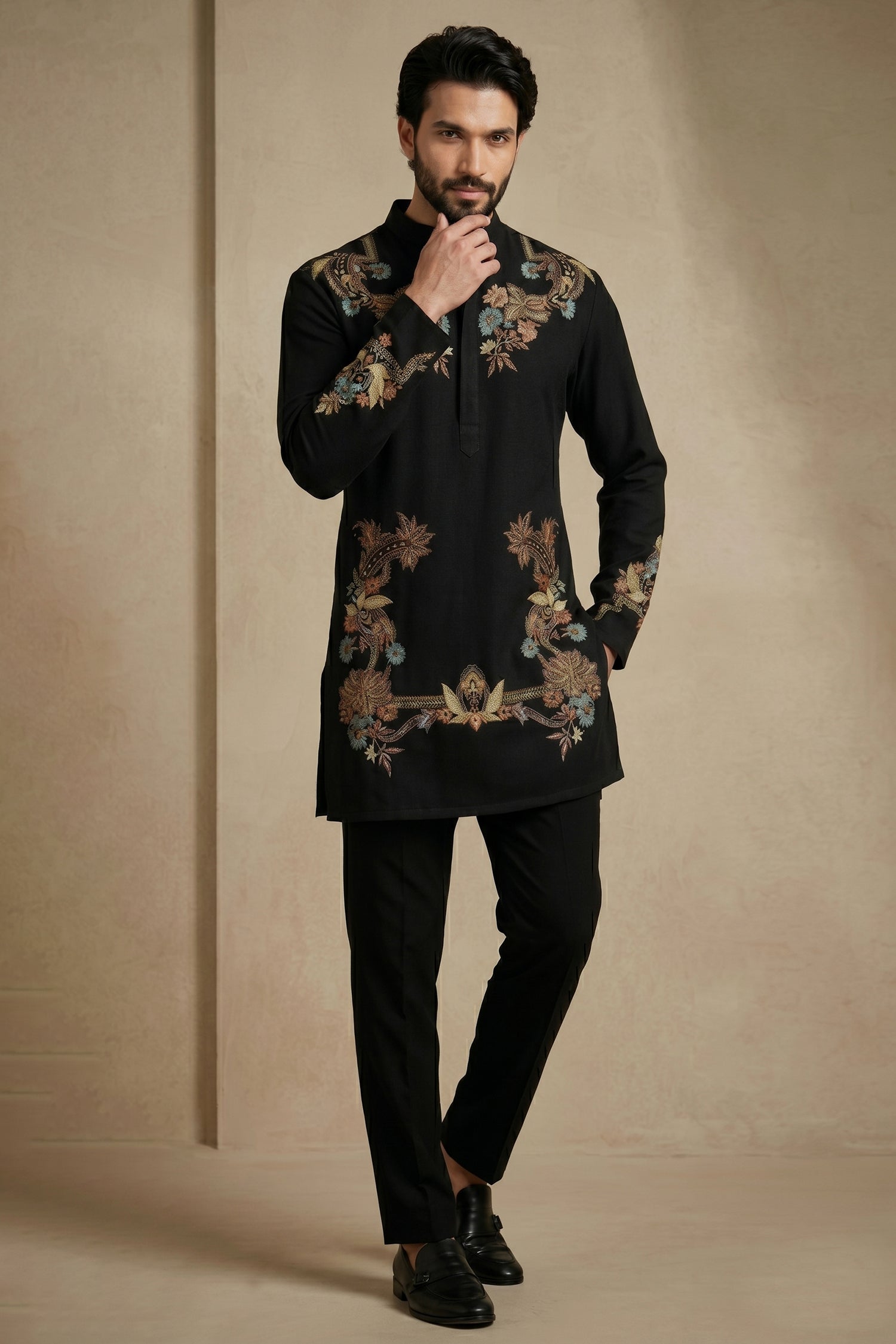 Black Silk Embroidered Kurta Set
