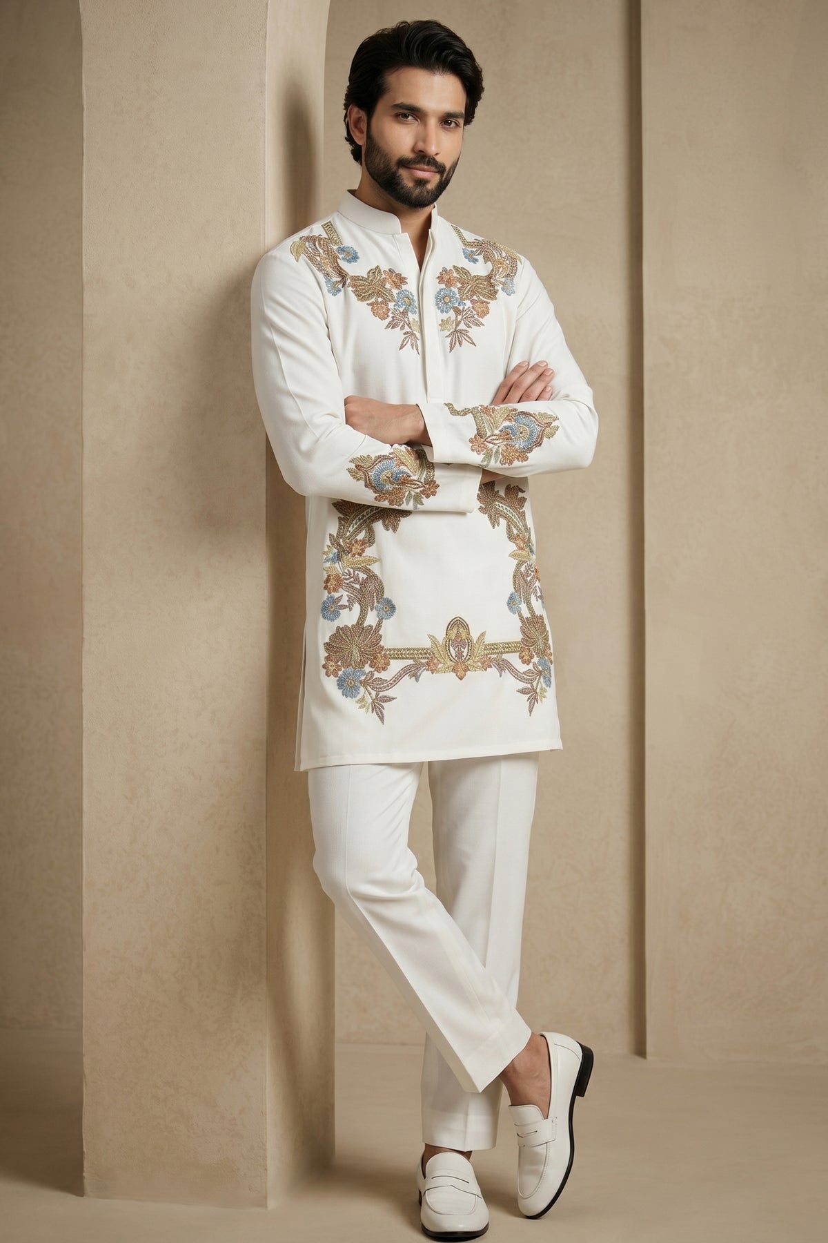 Pearl White Silk Embroidered Kurta Set
