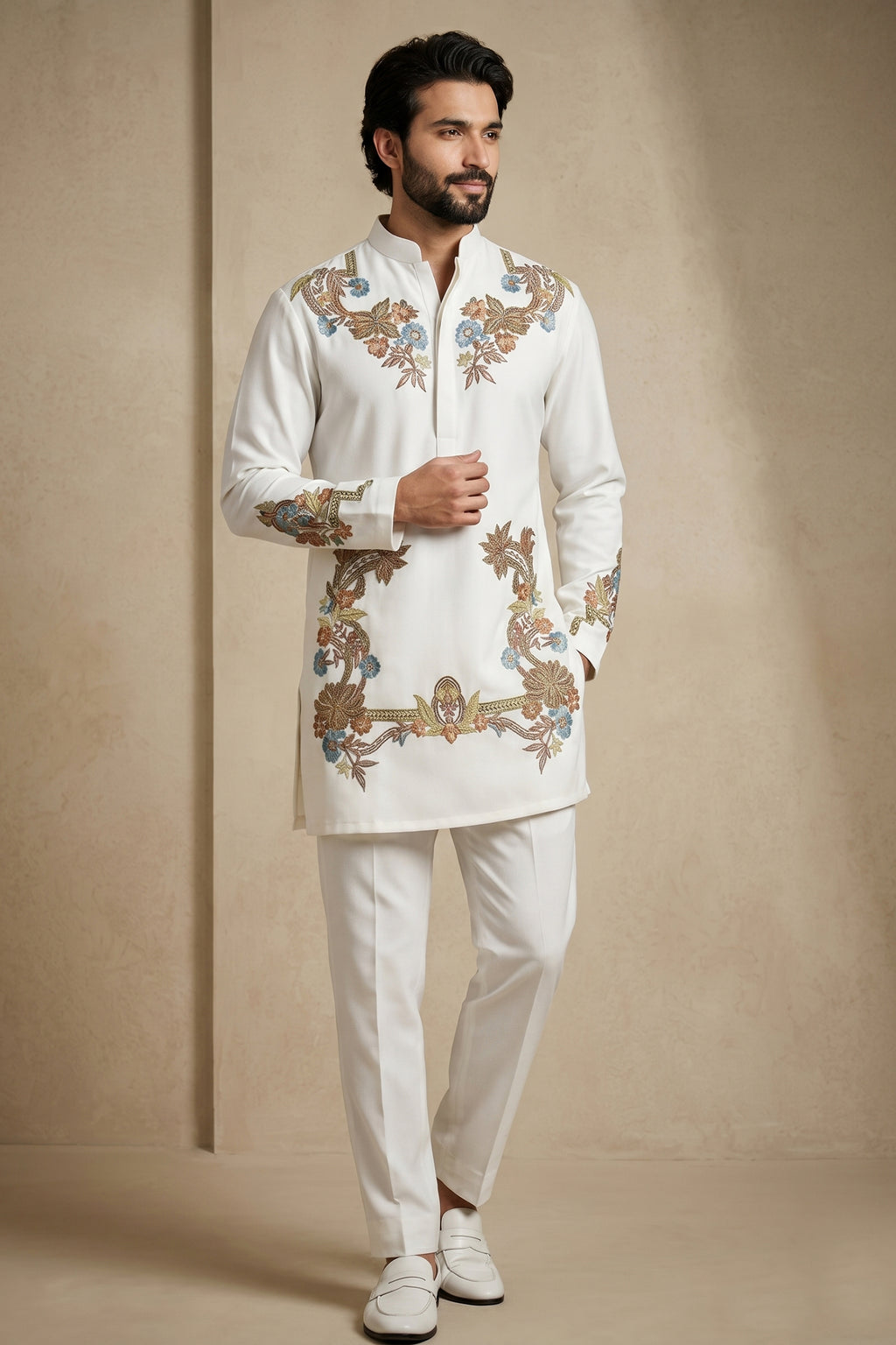 Pearl White Silk Embroidered Kurta Set