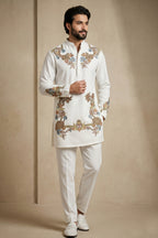 Pearl White Silk Embroidered Kurta Set