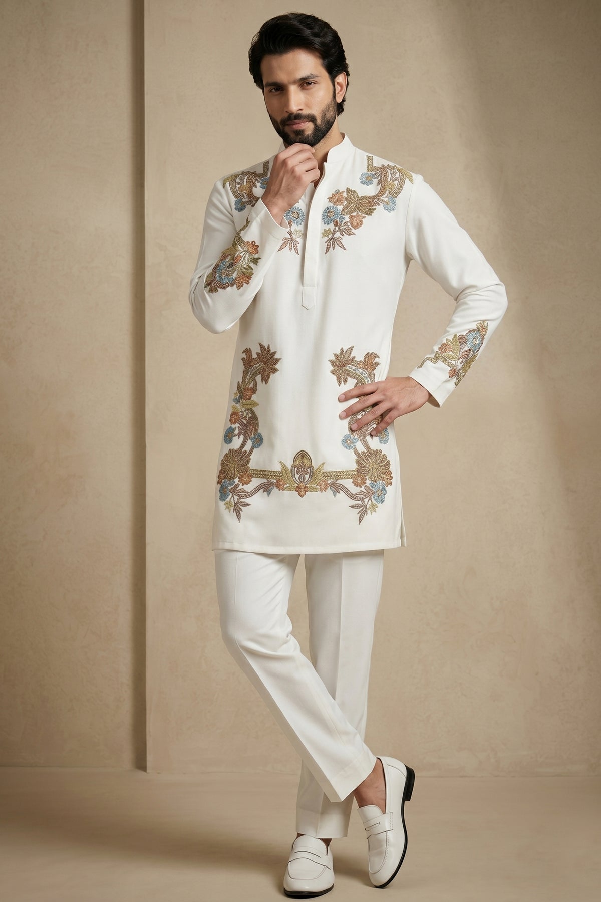 Pearl White Silk Embroidered Kurta Set