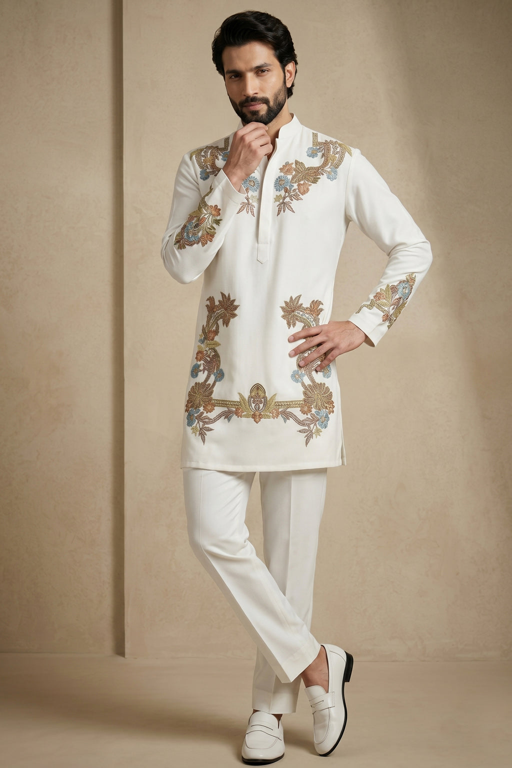 Pearl White Silk Embroidered Kurta Set