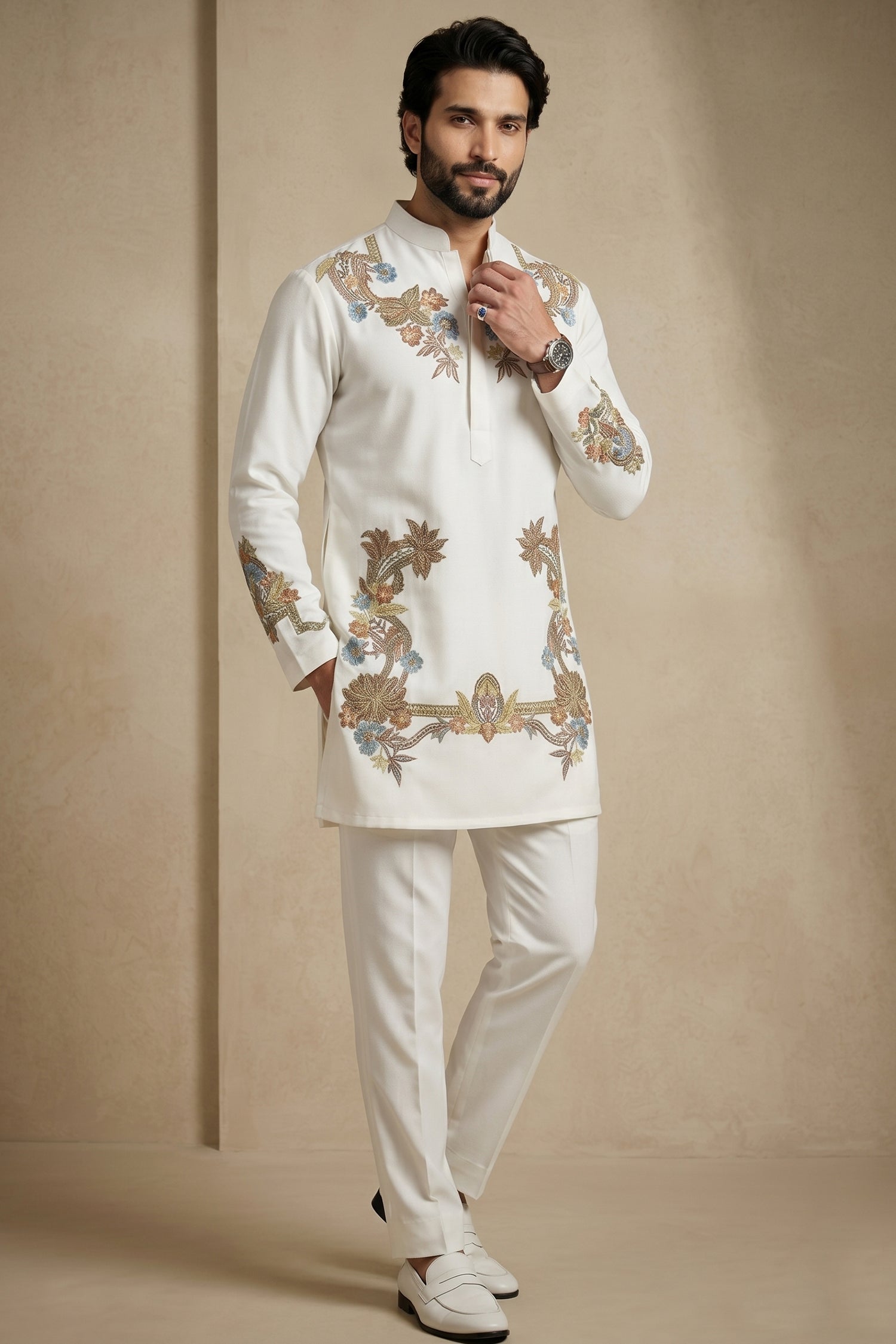 Pearl White Silk Embroidered Kurta Set