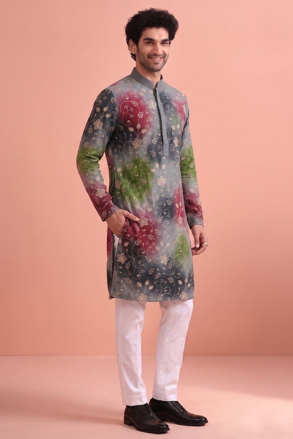 Grey Art Silk Embroidered and Printed Work Kurta Pajama