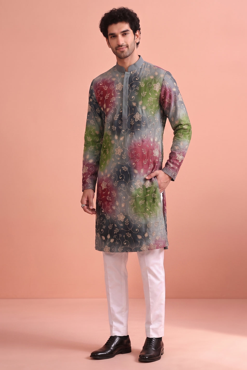Grey Art Silk Embroidered and Printed Work Kurta Pajama