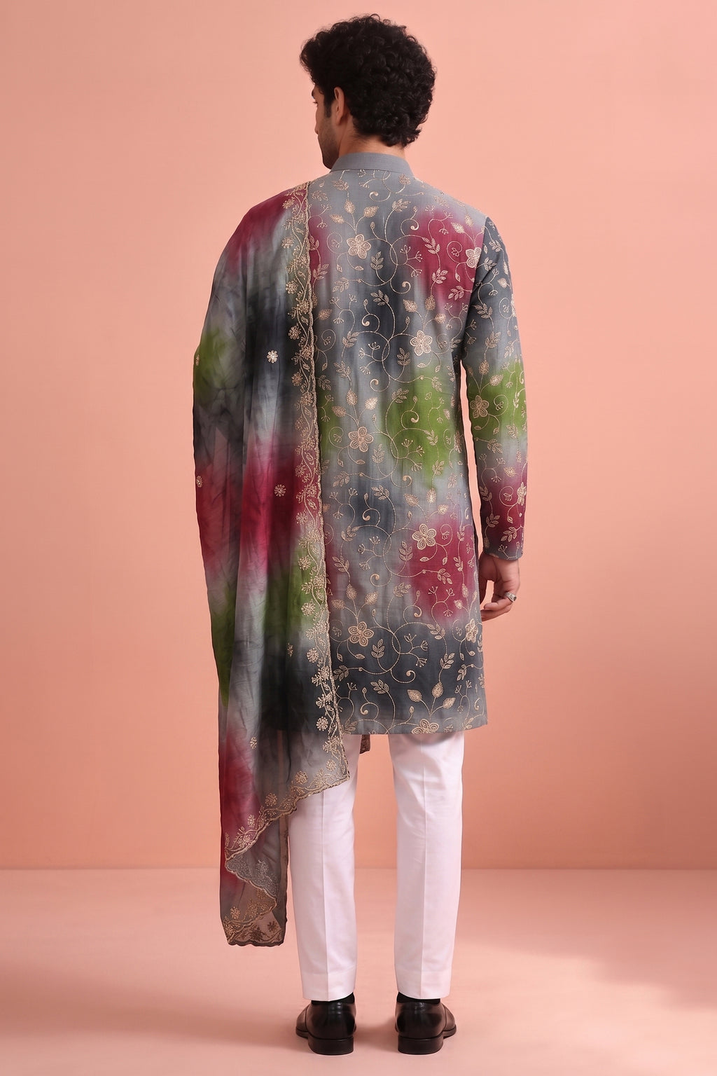 Grey Art Silk Embroidered and Printed Work Kurta Pajama with Stole