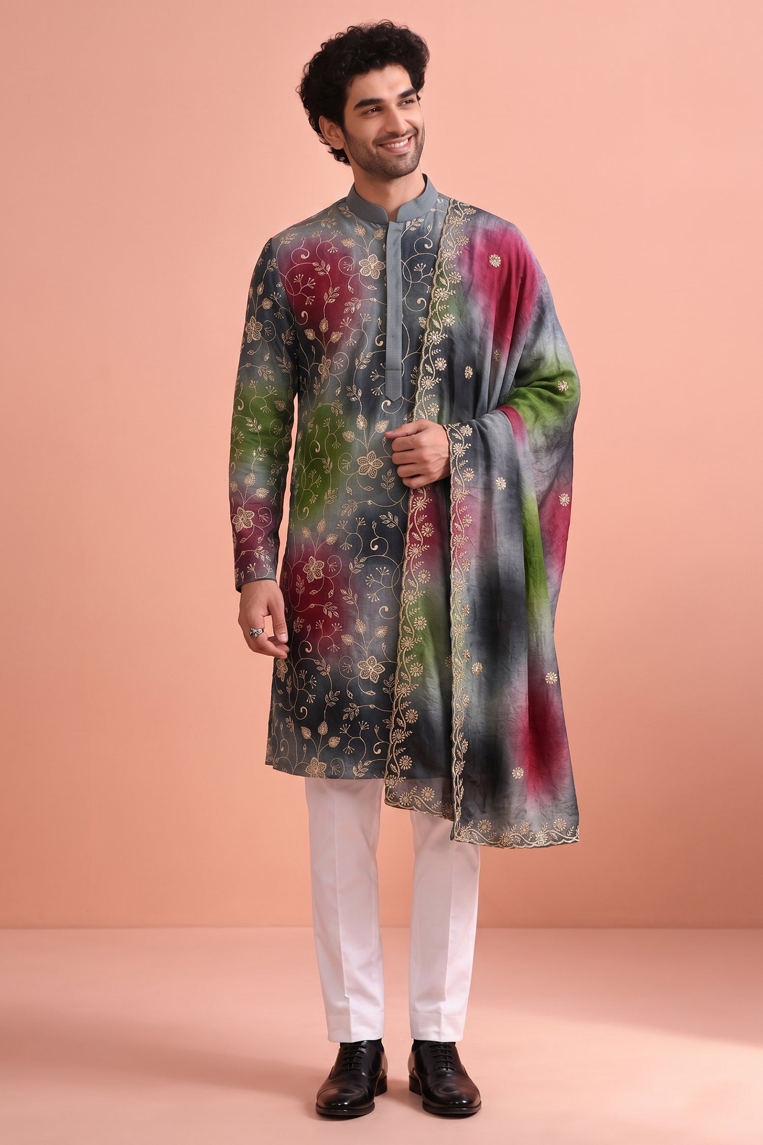 Grey Art Silk Embroidered and Printed Work Kurta Pajama with Stole Main image