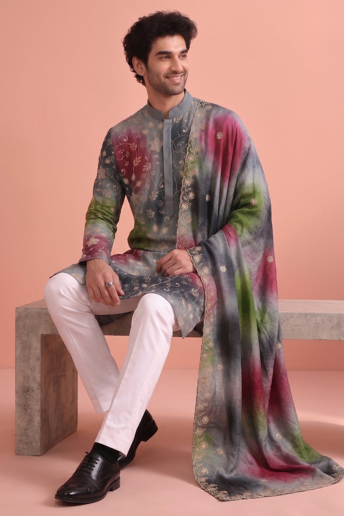 Grey Art Silk Embroidered and Printed Work Kurta Pajama with Stole