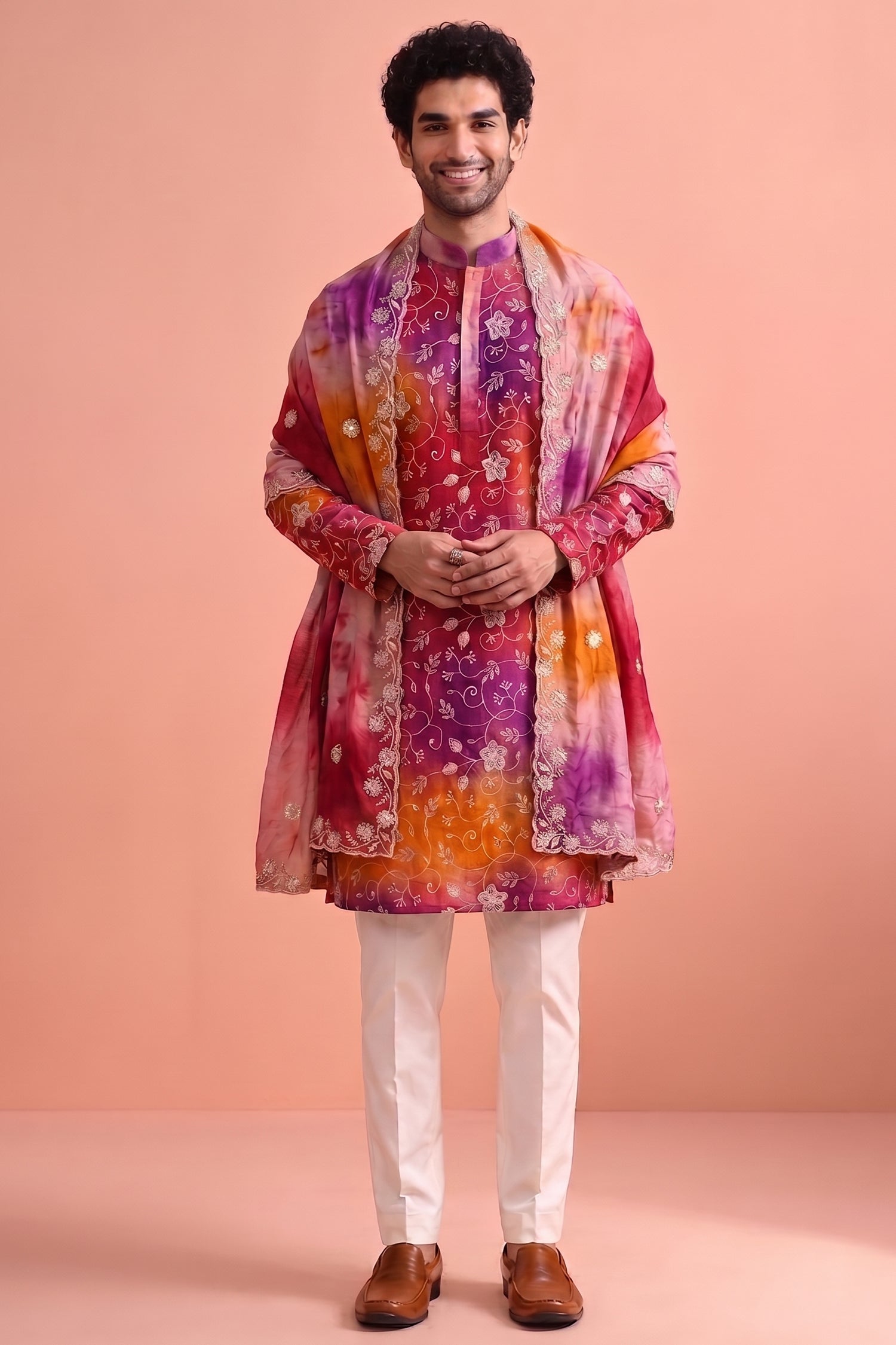 Multi Colored Art Silk Embroidered Kurta Pajama with Stole Secondary image
