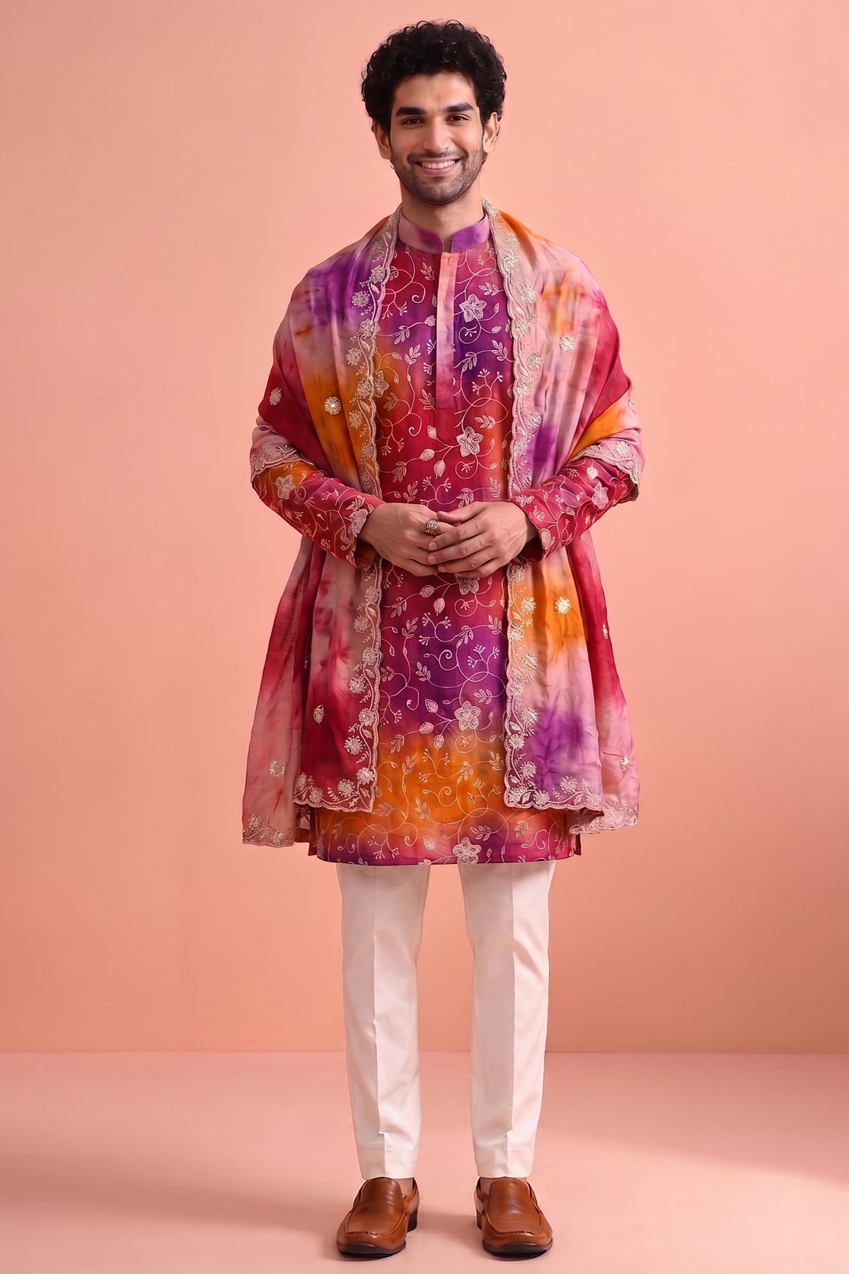 Multi Colored Art Silk Embroidered Kurta Pajama with Stole