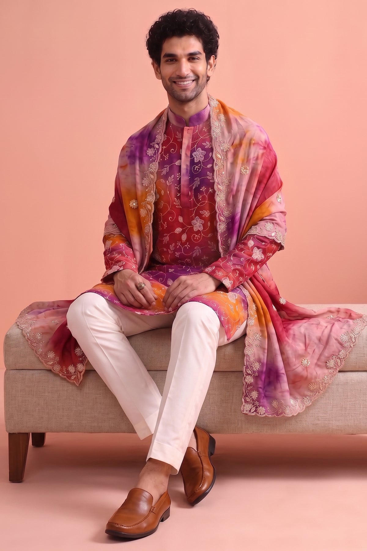 Multi Colored Art Silk Embroidered Kurta Pajama with Stole