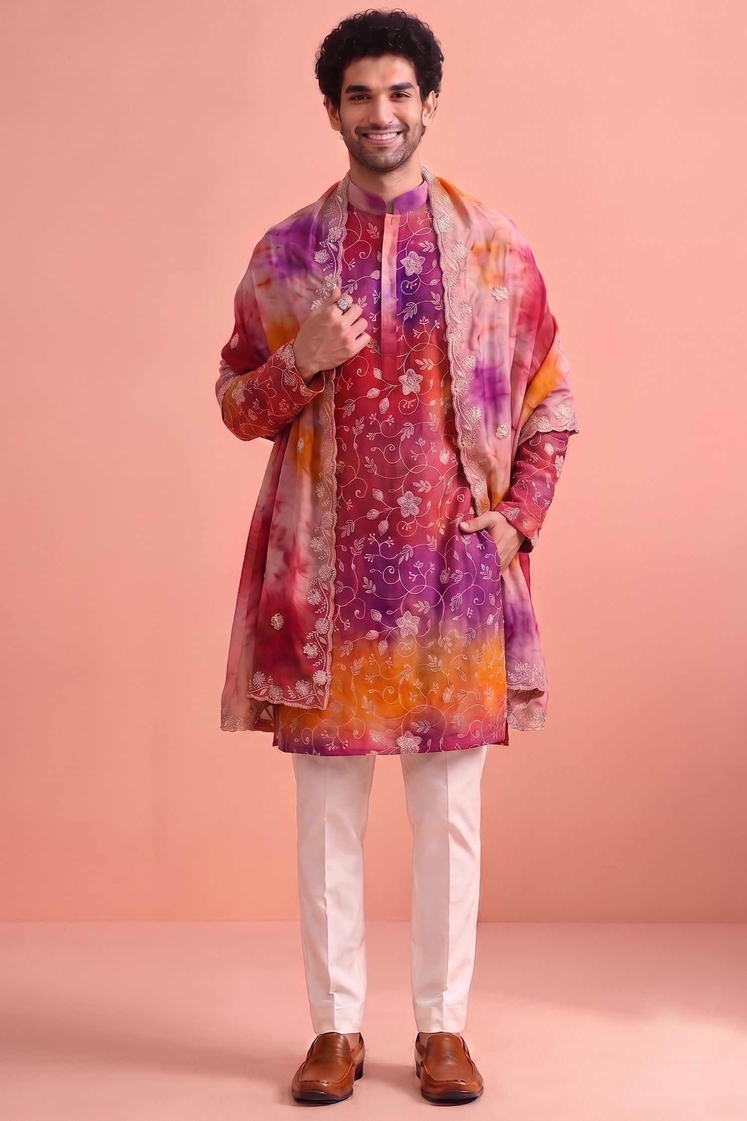 Multi Colored Art Silk Embroidered Kurta Pajama with Stole