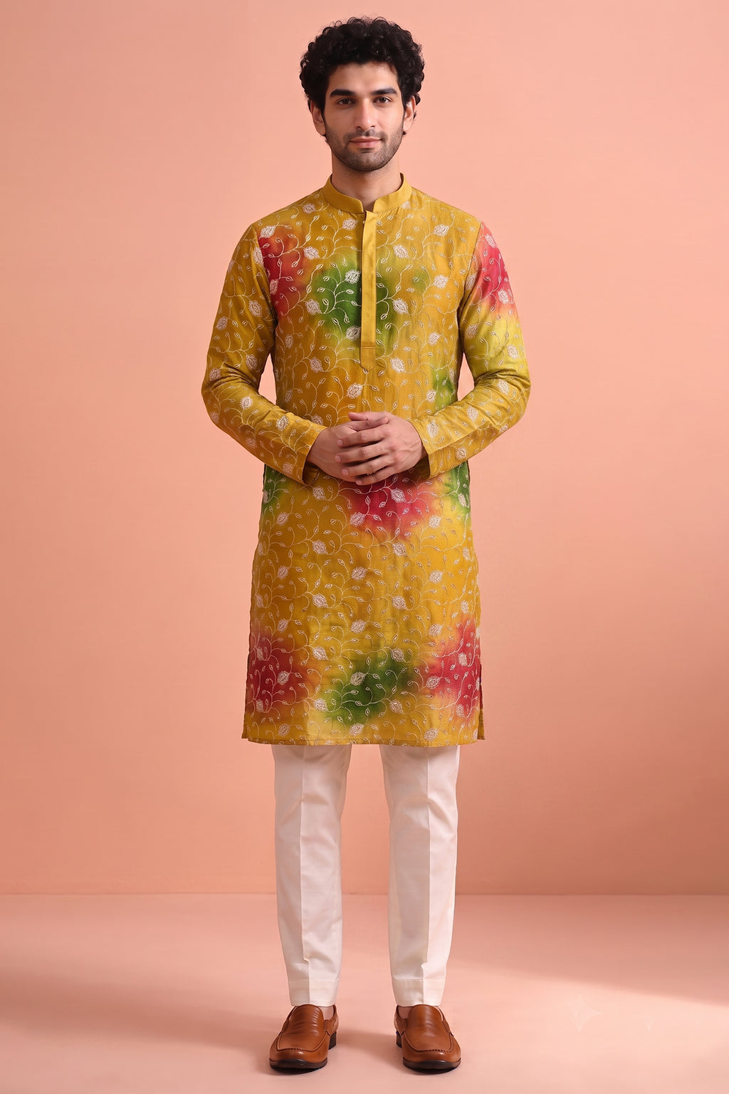 Mustard Art Silk Embroidered Kurta Pajama