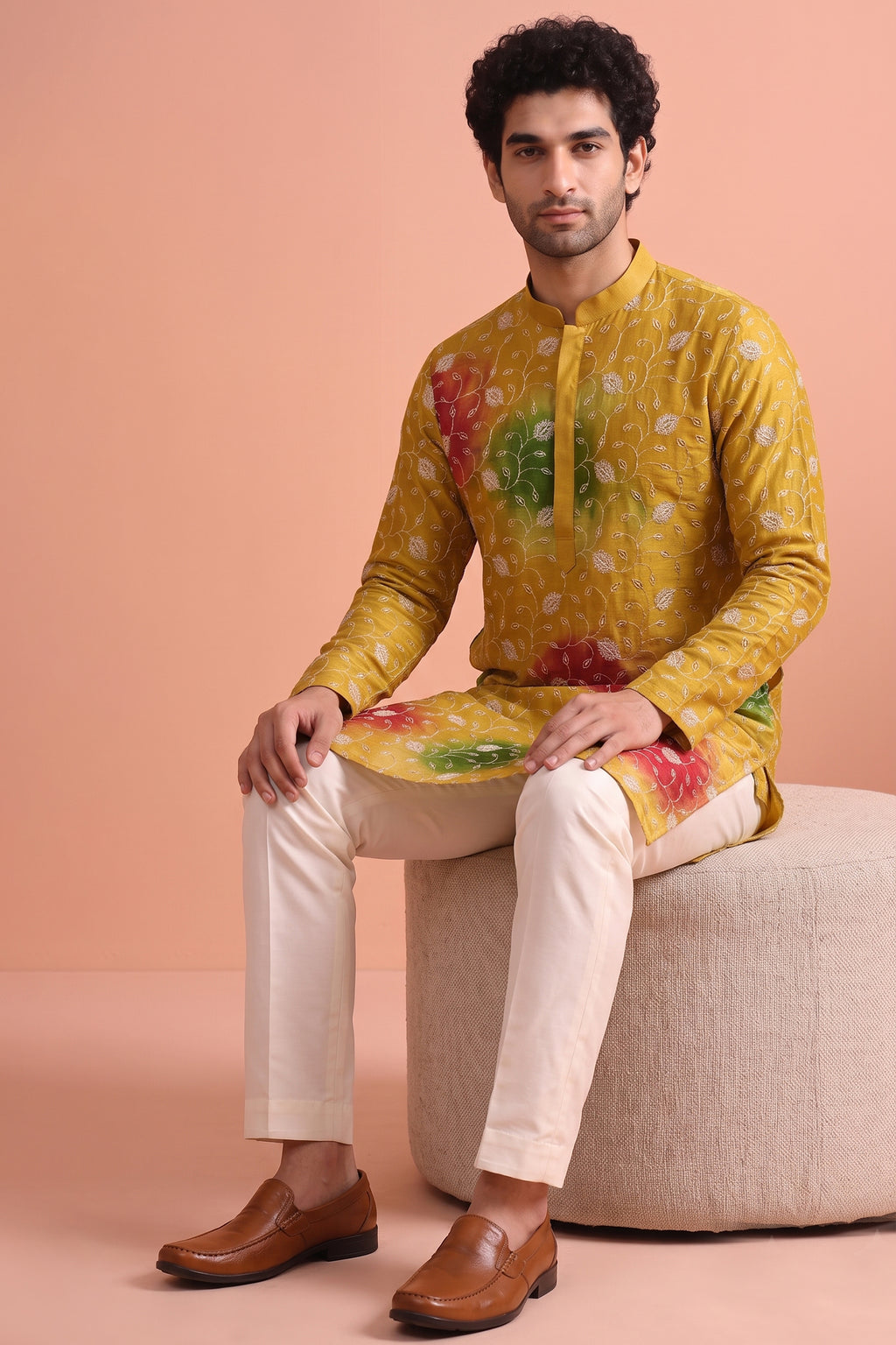 Mustard Art Silk Embroidered Kurta Pajama