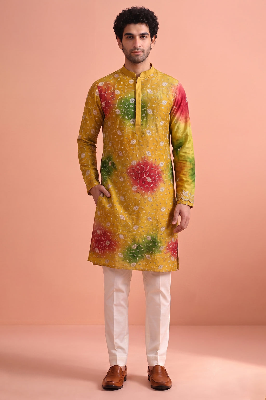 Mustard Art Silk Embroidered Kurta Pajama