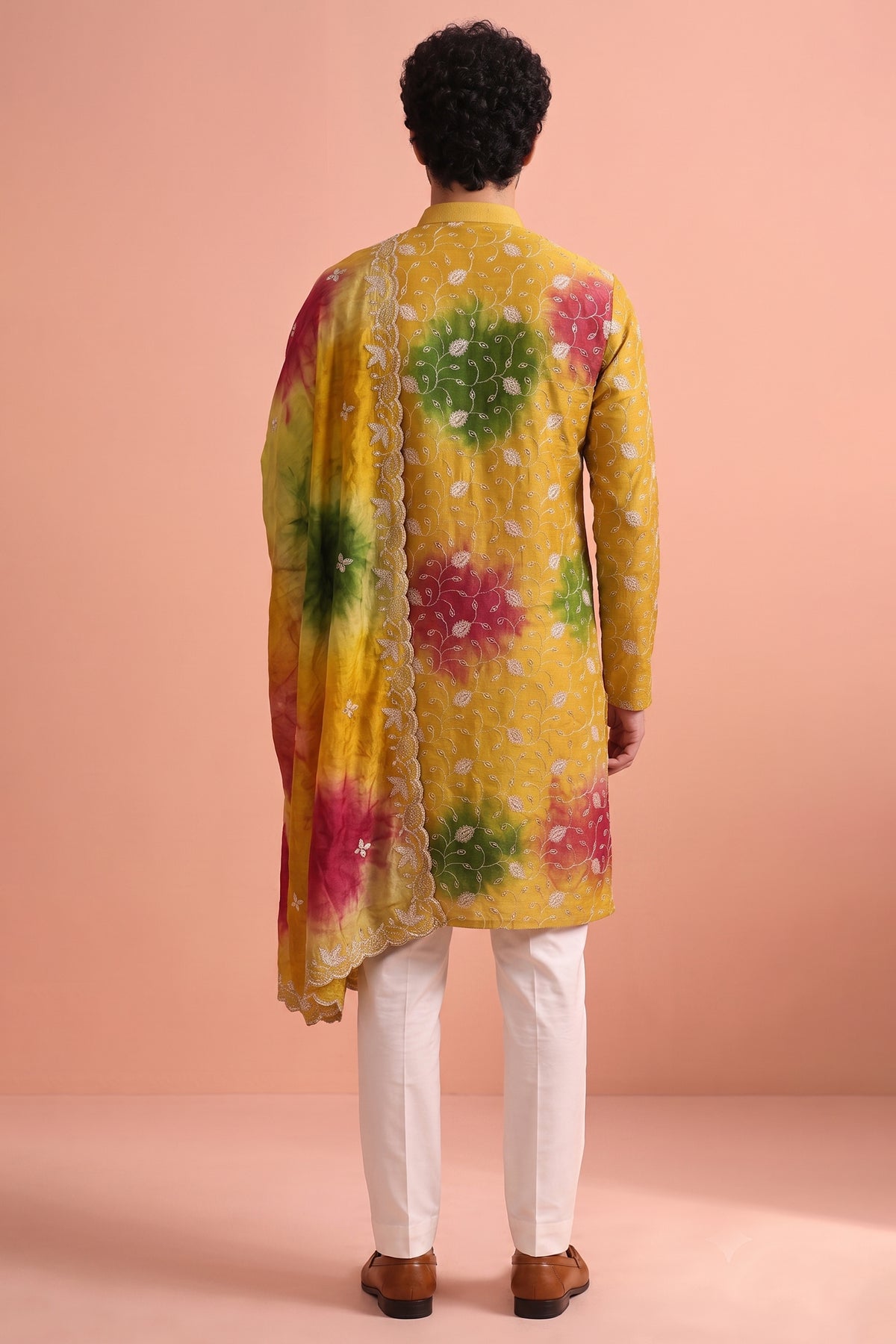 Mustard Art Silk Embroidered Kurta Pajama with Stole