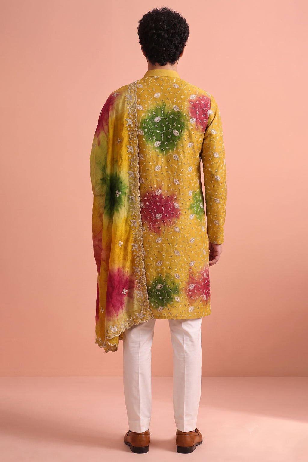 Mustard Art Silk Embroidered Kurta Pajama with Stole