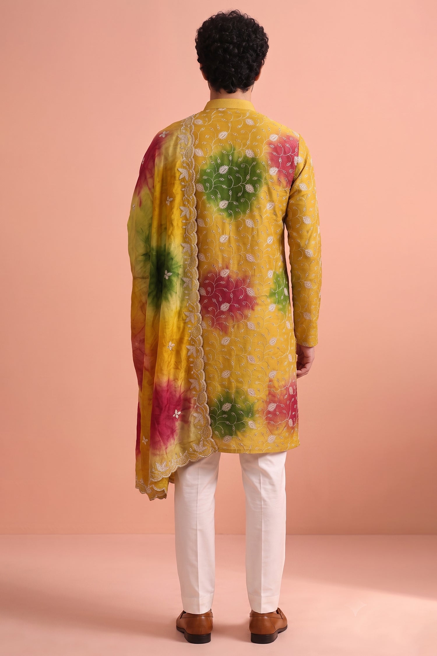 Mustard Art Silk Embroidered Kurta Pajama with Stole