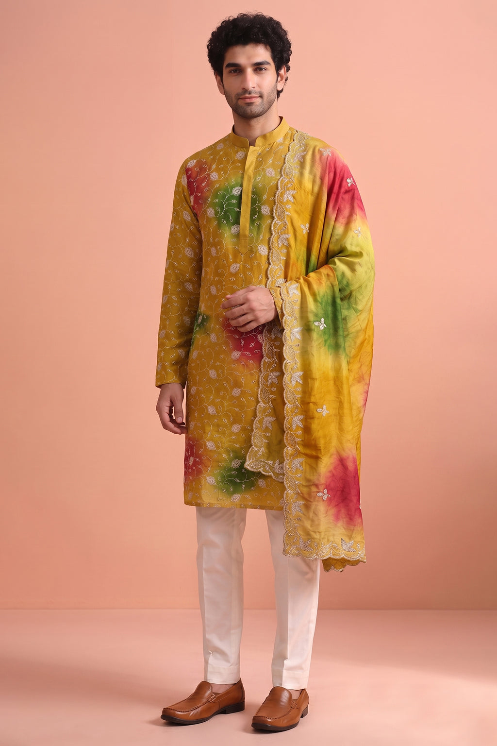 Mustard Art Silk Embroidered Kurta Pajama with Stole