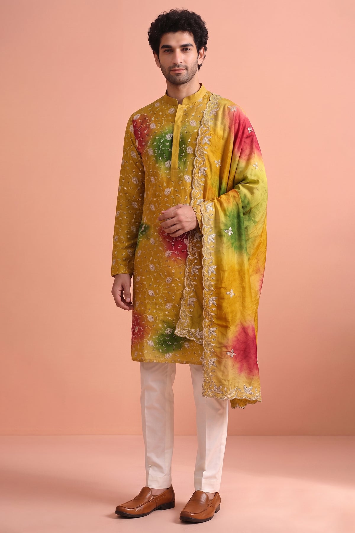 Mustard Art Silk Embroidered Kurta Pajama with Stole