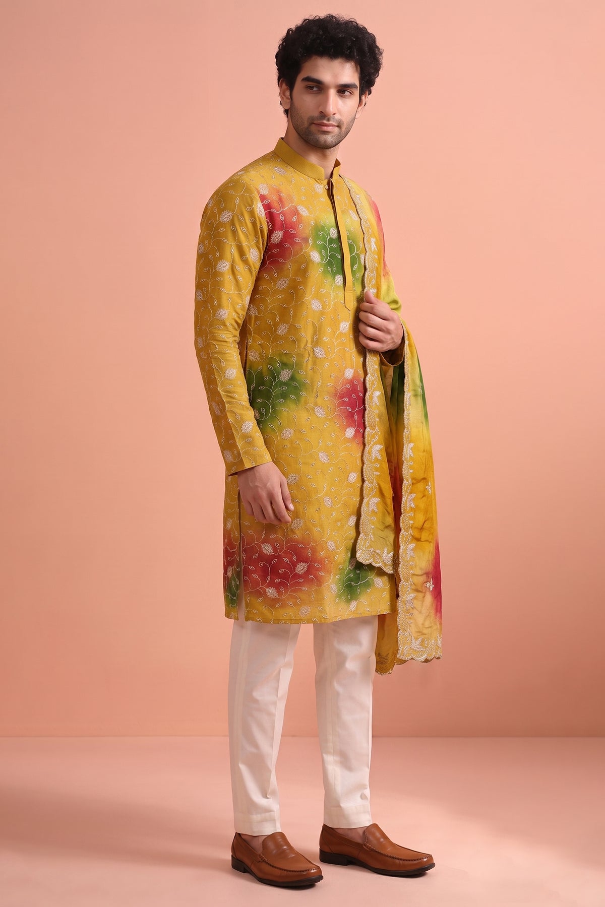 Mustard Art Silk Embroidered Kurta Pajama with Stole