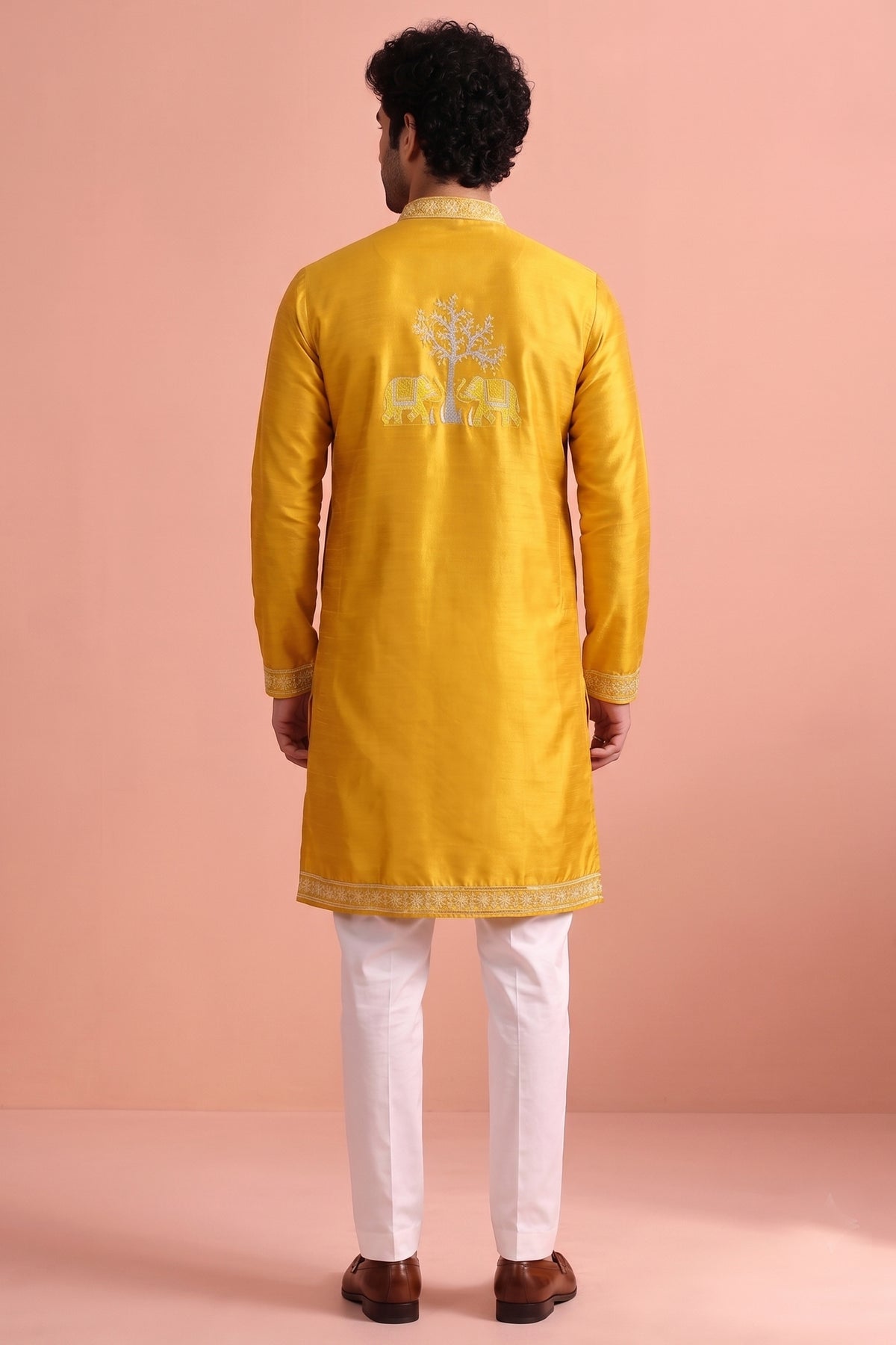 Yellow Satin Embroidered Kurta Pajama