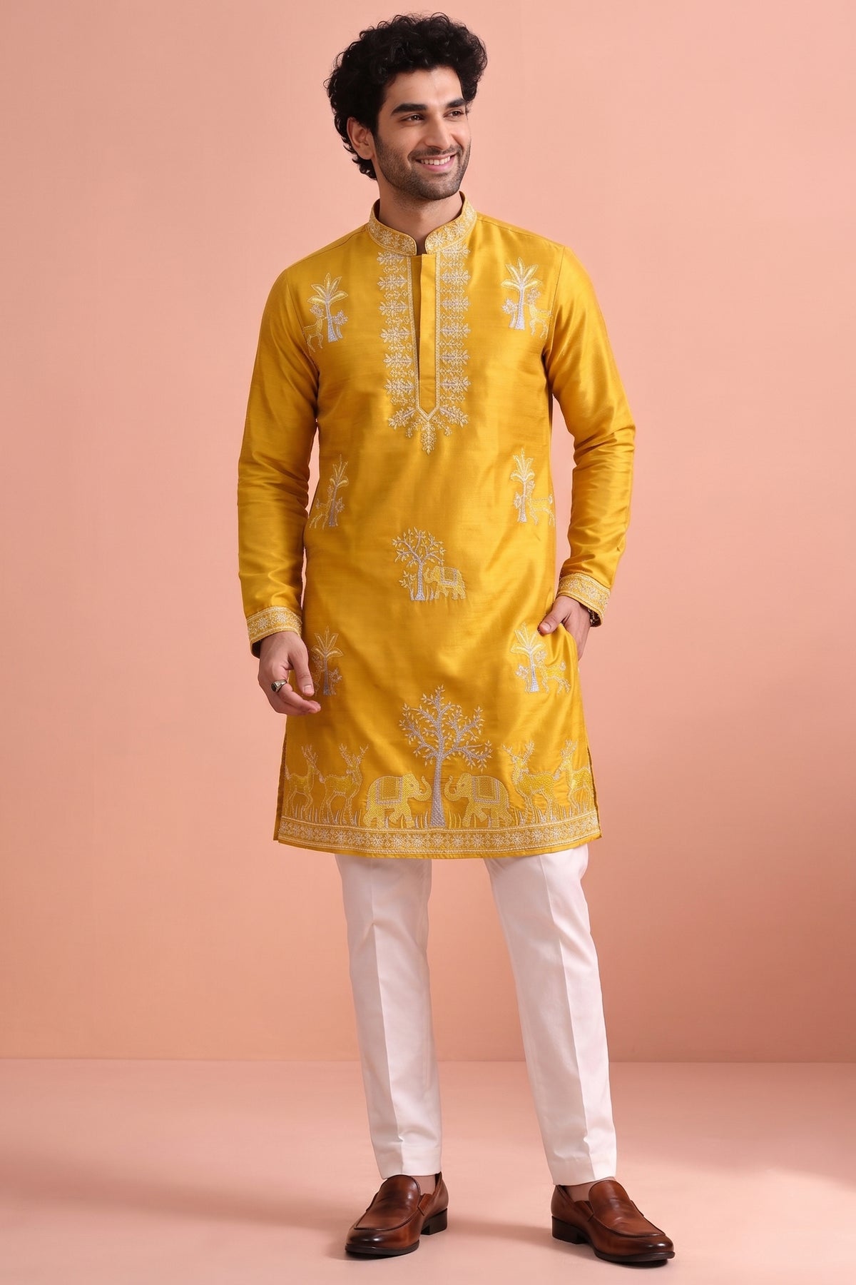 Yellow Satin Embroidered Kurta Pajama Main image