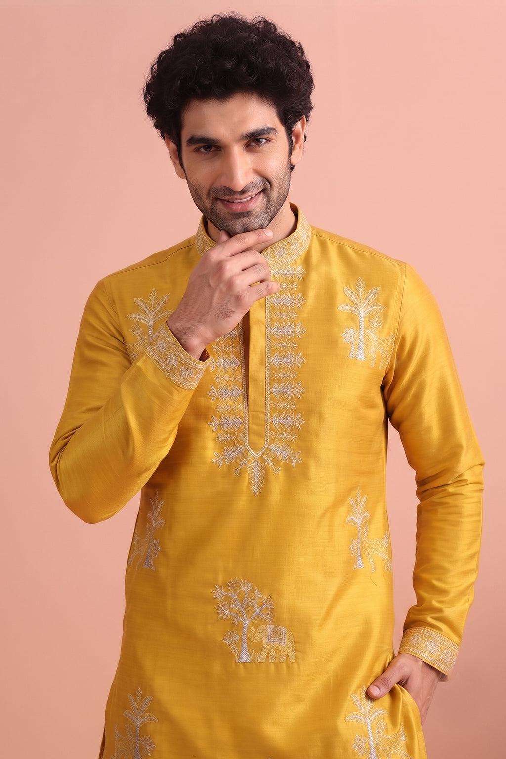 Yellow Satin Embroidered Kurta Pajama