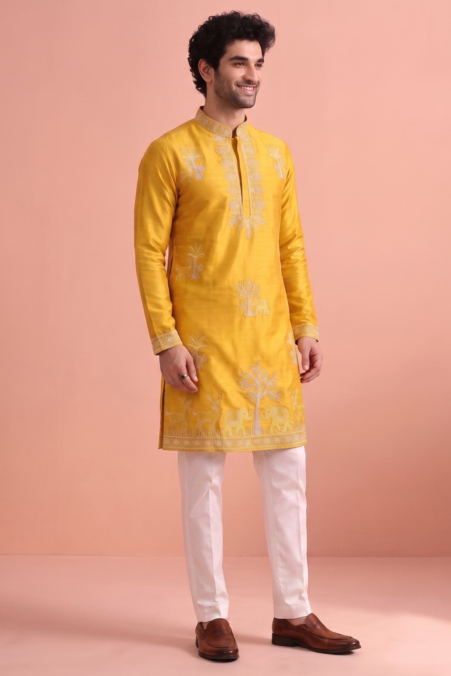 Yellow Satin Embroidered Kurta Pajama Secondary image
