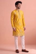 Yellow Satin Embroidered Kurta Pajama