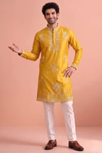 Yellow Satin Embroidered Kurta Pajama