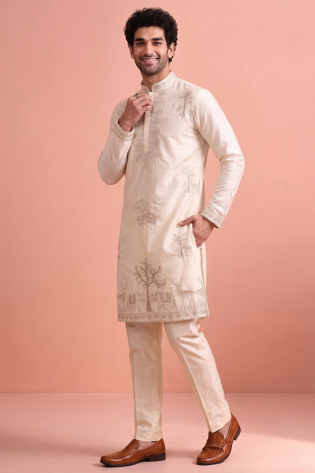 White Satin Embroidered Kurta Pajama
