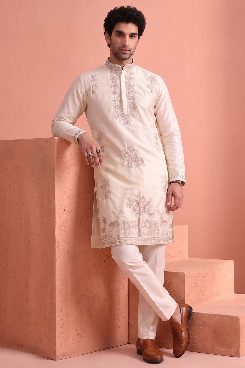 White Satin Embroidered Kurta Pajama