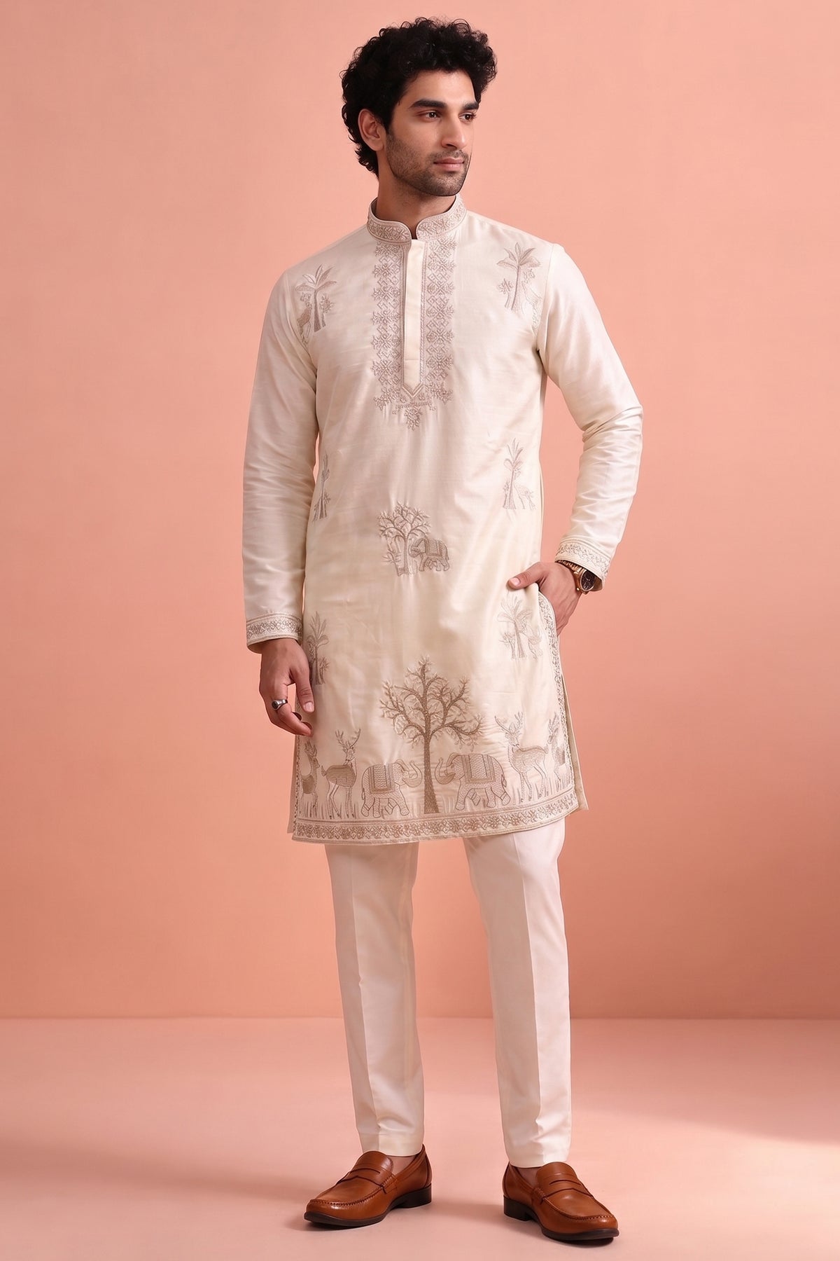 White Satin Embroidered Kurta Pajama Main image