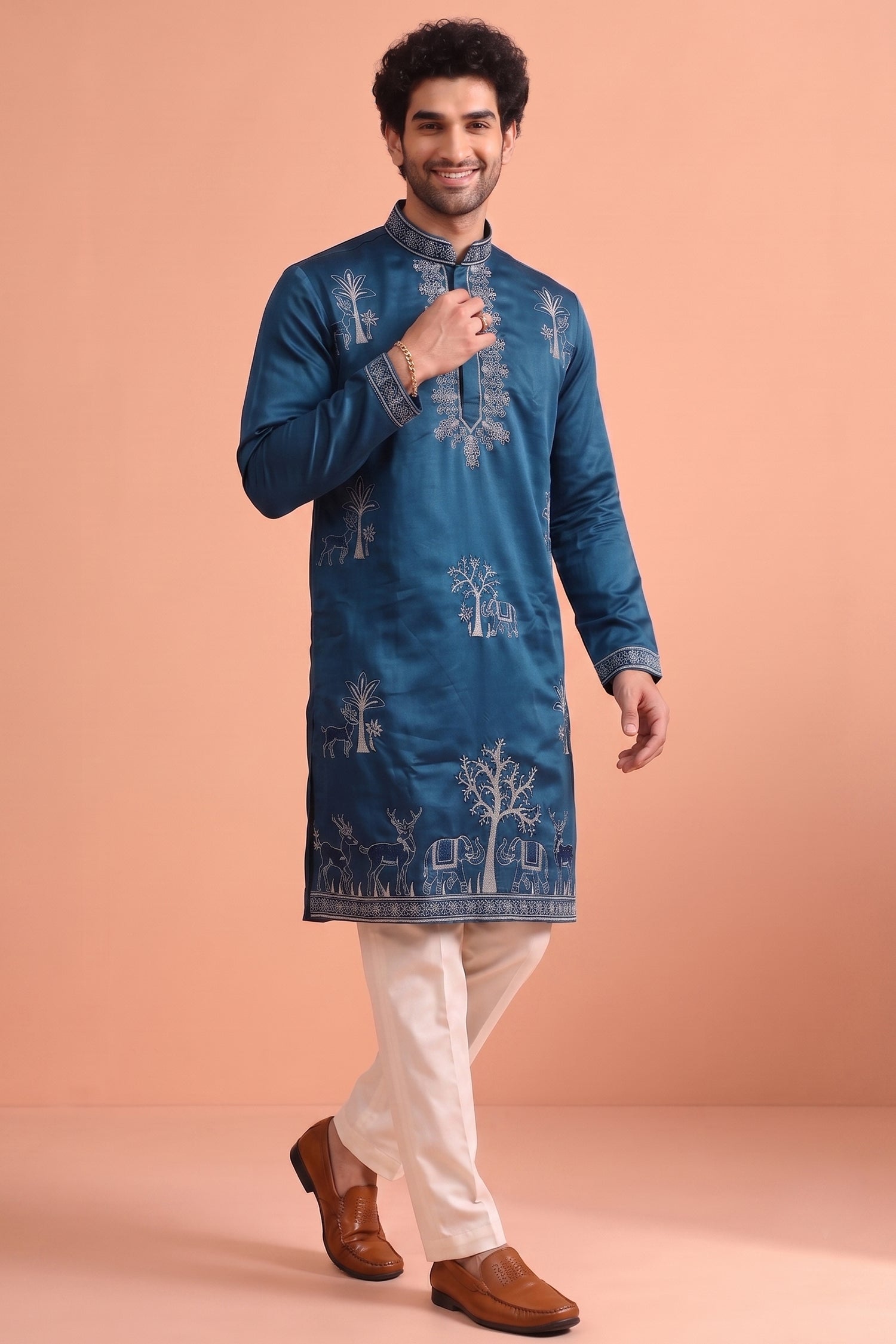Blue Satin Embroidered Kurta Pajama Secondary image