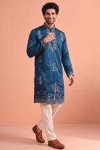 Blue Satin Embroidered Kurta Pajama