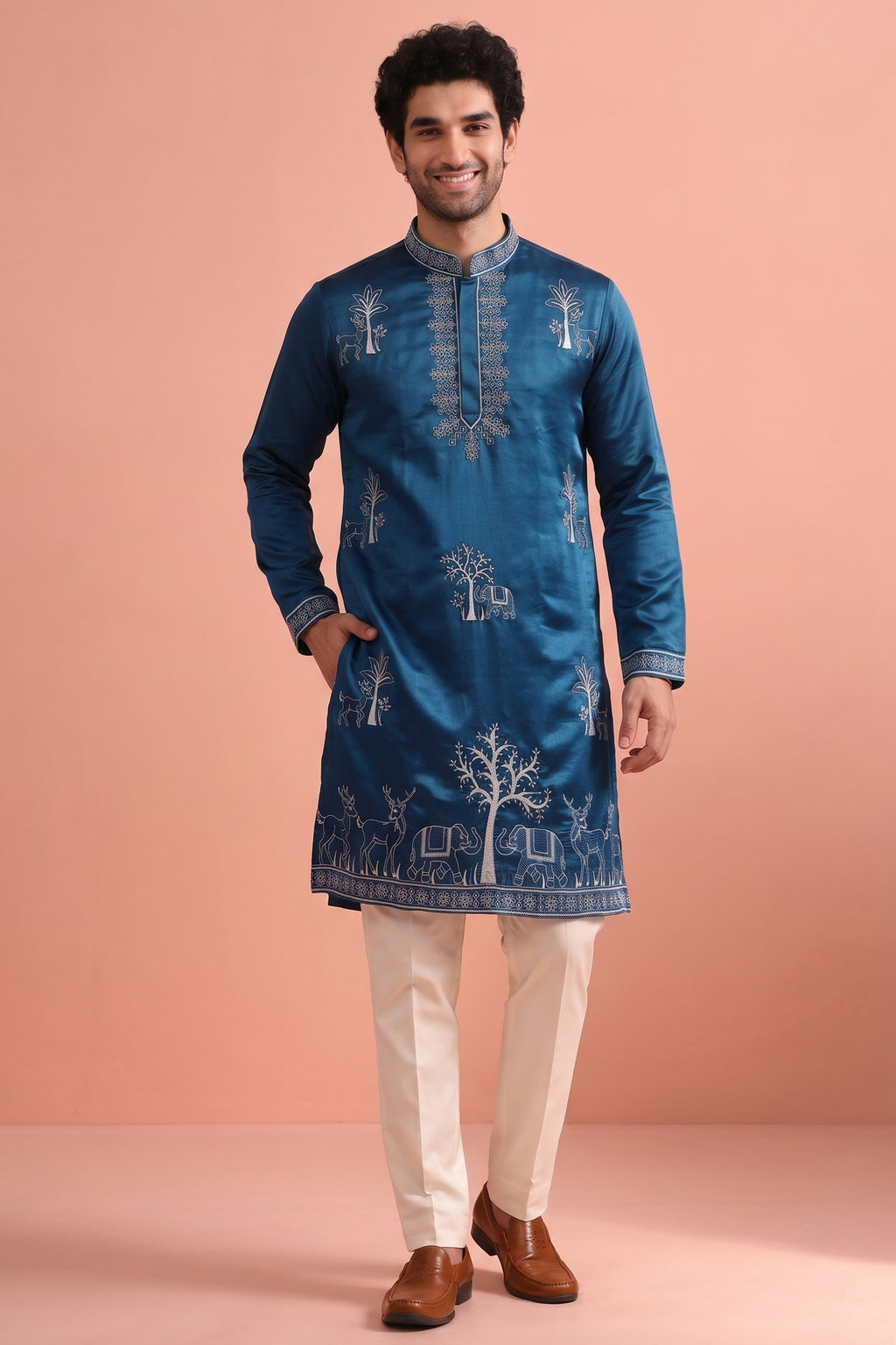 Blue Satin Embroidered Kurta Pajama