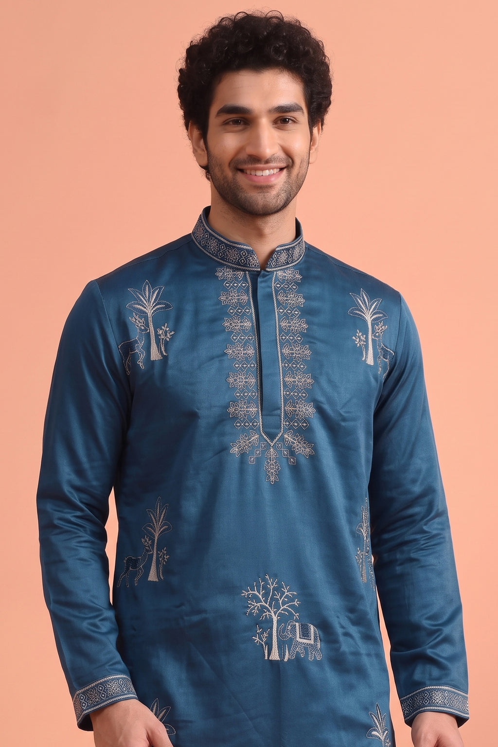 Blue Satin Embroidered Kurta Pajama